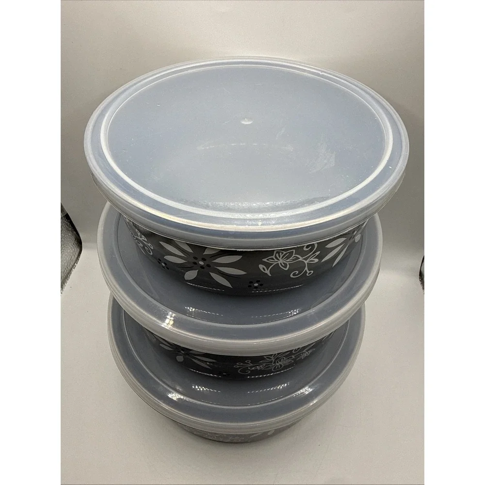 Temptations Stainless Steel Bowls With Lids/ Set of 3 Old World/Floral Lace Gray